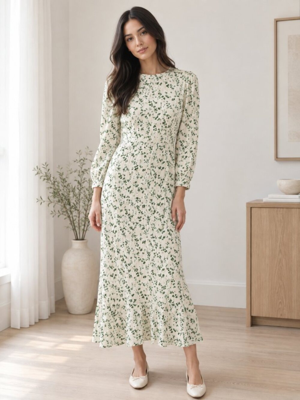 Uniqlo Cream Green Floral Long Sleeve Midi Dress M 0912